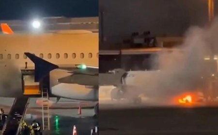 Uçakta korku dolu anlar! Bagaj yükleme aracı alev aldı, pist duman altında kaldı