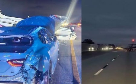 Uçak, seyir halindeki aracın üzerine acil iniş yaptı! O anlar saniye saniye kaydedildi