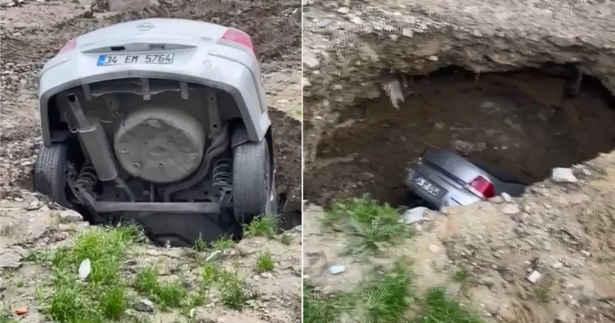 Esenyurt'ta yer yarıldı otomobil içine düştü. O anlar kamerada