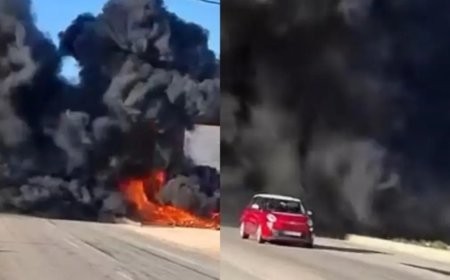 Lastikçide karayolunu trafiğe kapatan yangın