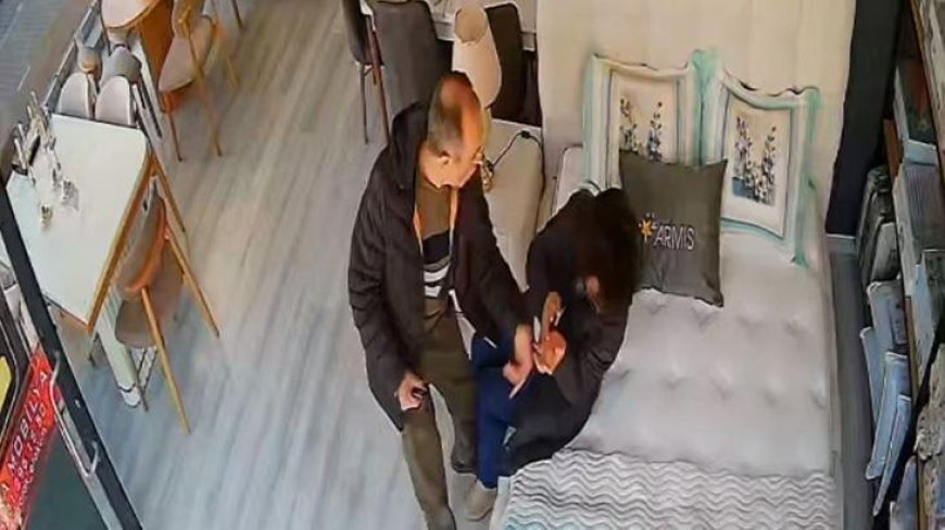 Samsun’da öğretmenin eşini iş yerinde darbettiği anlar kamerada
