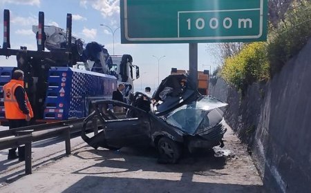 TEM Otoyolu'nda feci kaza! Otomobil yön levhasına saplandı