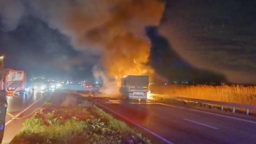 Bursa'da buğday yüklü TIR alev alev yandı