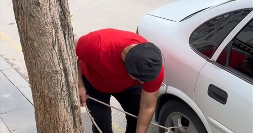 Tokat'ta vatandaşın taşkın önlemi: Aracını ağaca bağladı