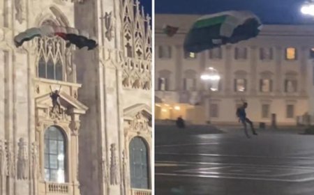 İtalya'daki tarihi katedralden Filistin bayrağı renklerindeki paraşütüyle atladı!